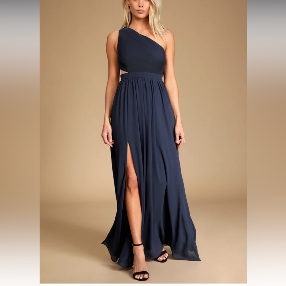 Lulus Dress Large Lovely Endings Navy Blue One-Shoulder Sleeveless Pleated Maxi